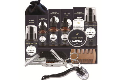 Close up of stainless steel razor from beard grooming kit