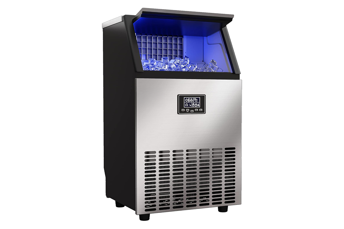 Stainless steel body of commercial ice cube maker showing durable finish