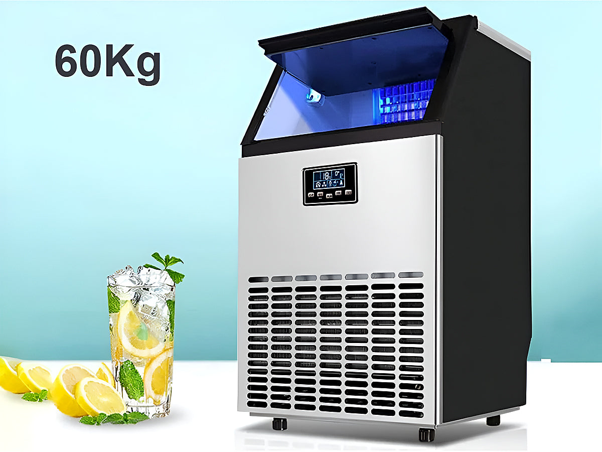 Side angle of ice cube maker highlighting compact design for cafes