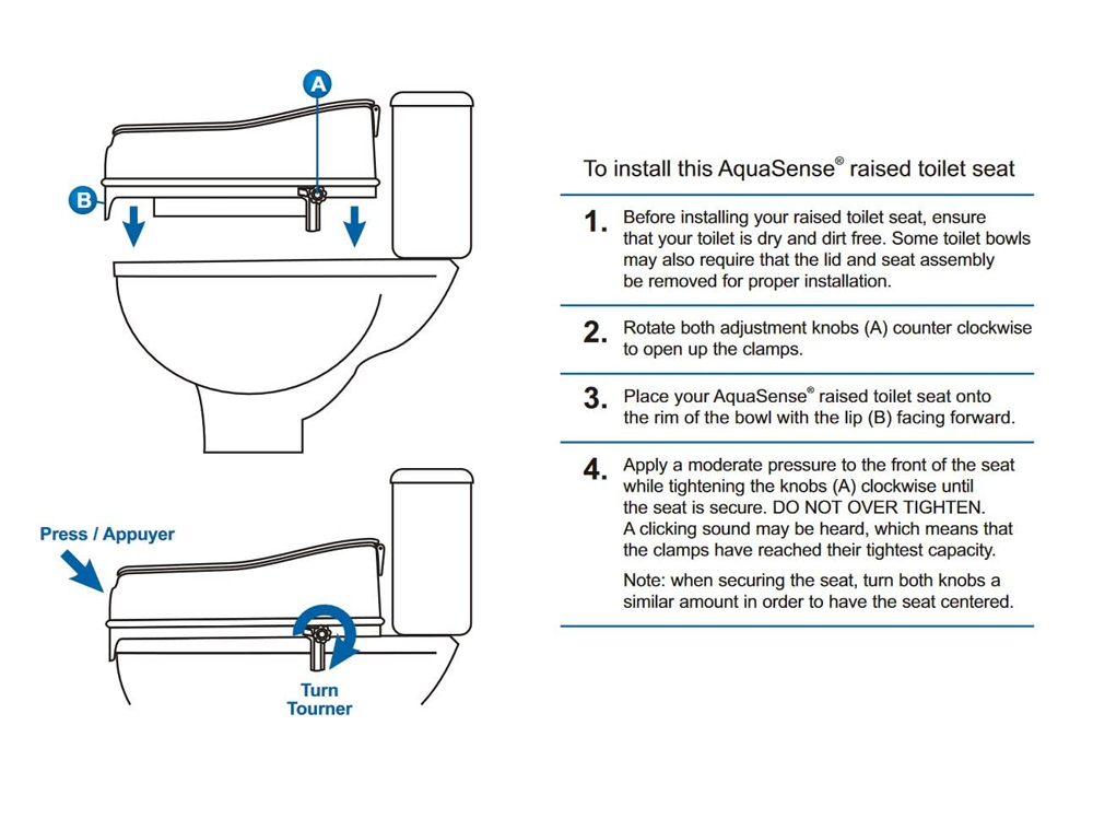 Raised toilet seat with lid demonstrating tool-free installation