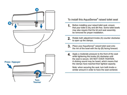Raised toilet seat with lid demonstrating tool-free installation