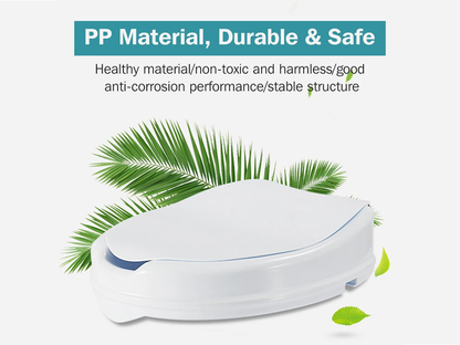 Raised toilet seat with lid in bathroom setting for post-surgery support
