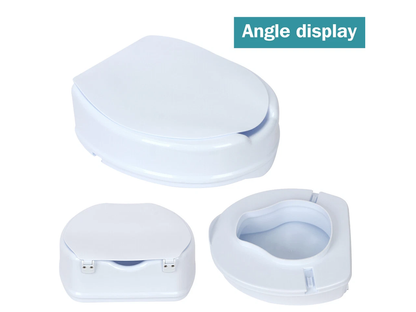 Close-up of contoured design on raised toilet seat with lid