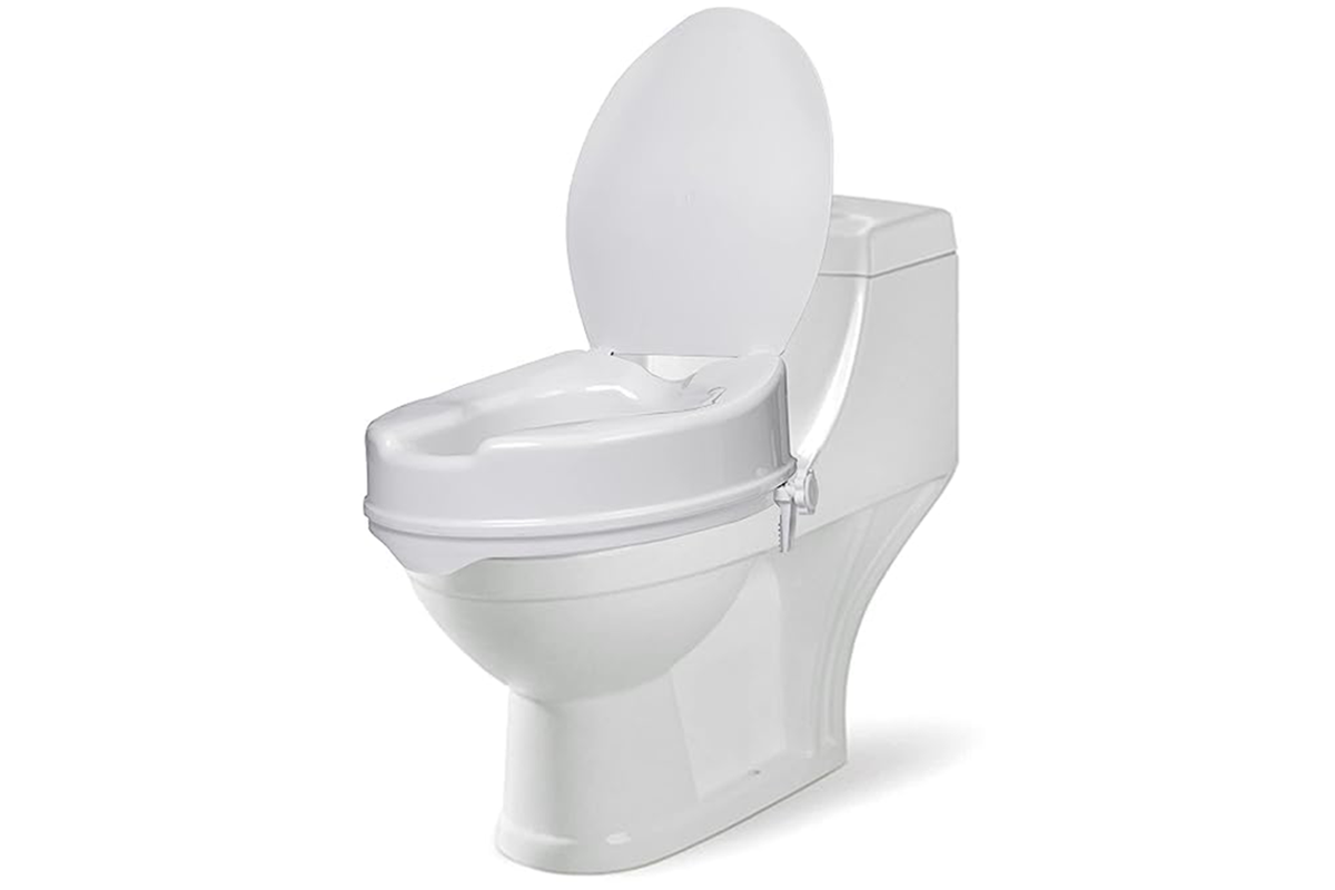 Side view of raised toilet seat with lid highlighting 10cm height