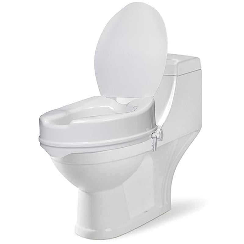 Raised toilet seat with lid showing white colour and ergonomic shape