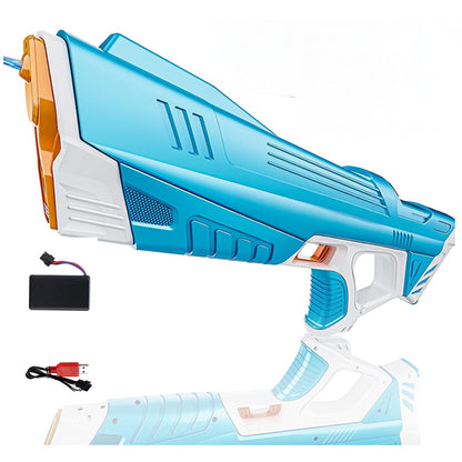 Electric water pistol toy side view showing blue ABS plastic