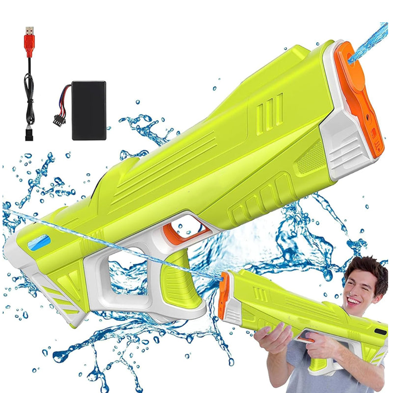 Electric water gun side view showing ergonomic handle in green