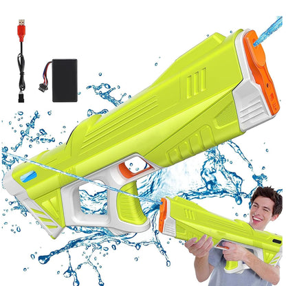 Electric water gun side view showing ergonomic handle in green