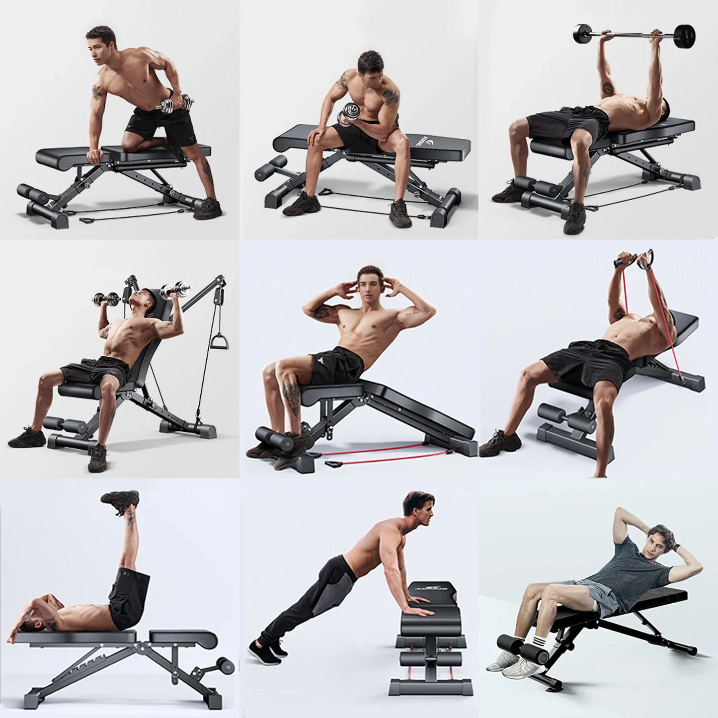 Adjustable weight bench in home gym setup with dumbbells