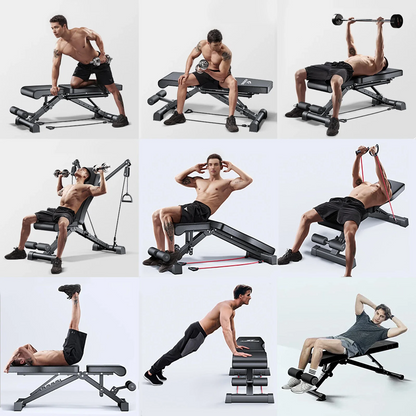 Adjustable weight bench in home gym setup with dumbbells