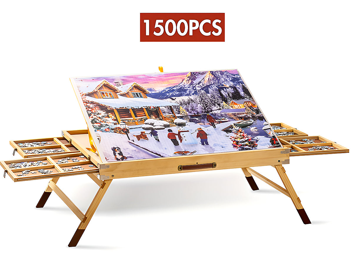 Side view of jigsaw puzzle table folding legs for storage