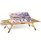 Jigsaw puzzle table showing adjustable tilt surface in natural wood