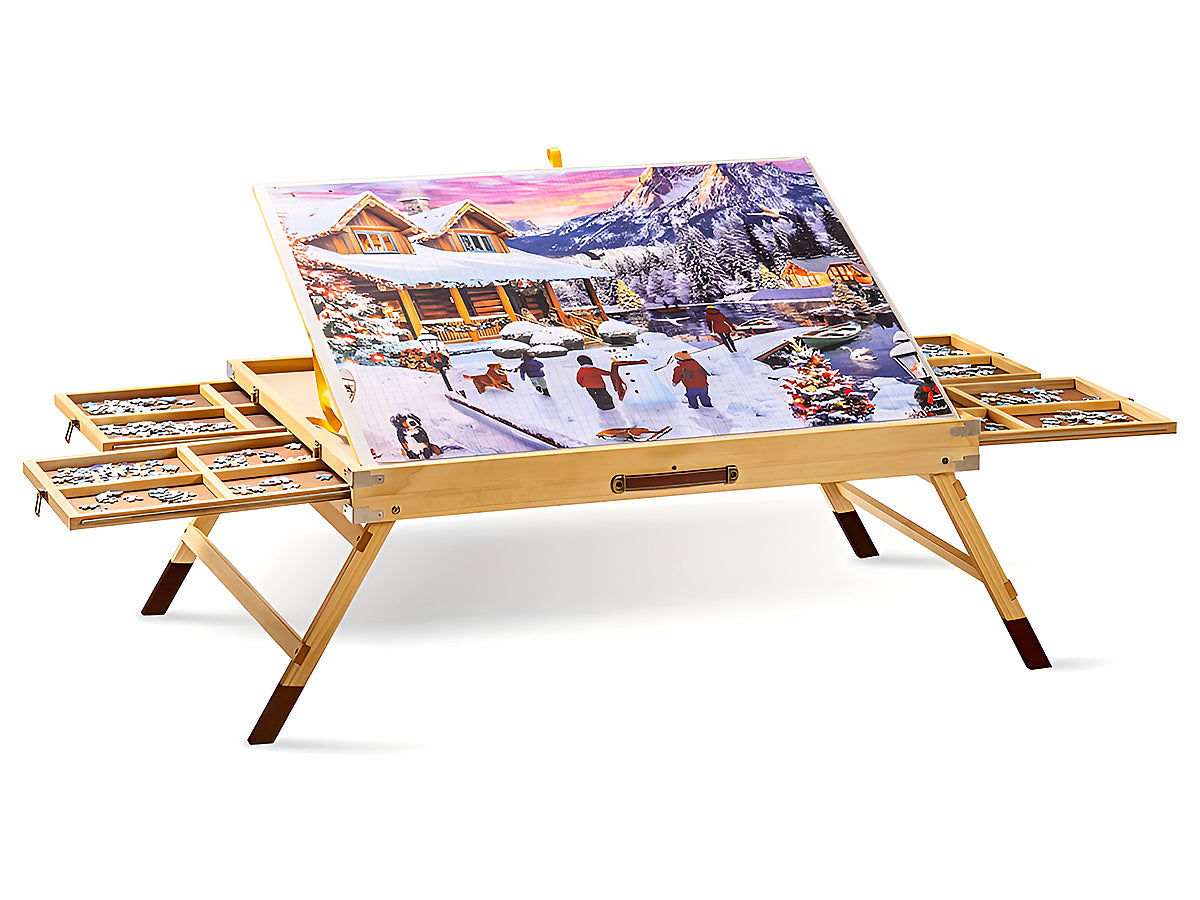 Wooden jigsaw puzzle table with four sliding drawers open