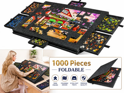 Tilting Portable Jigsaw Puzzle Table with 2 in 1 Stand & Cover Lightweight Felt Puzzle Board with 6 Drawers