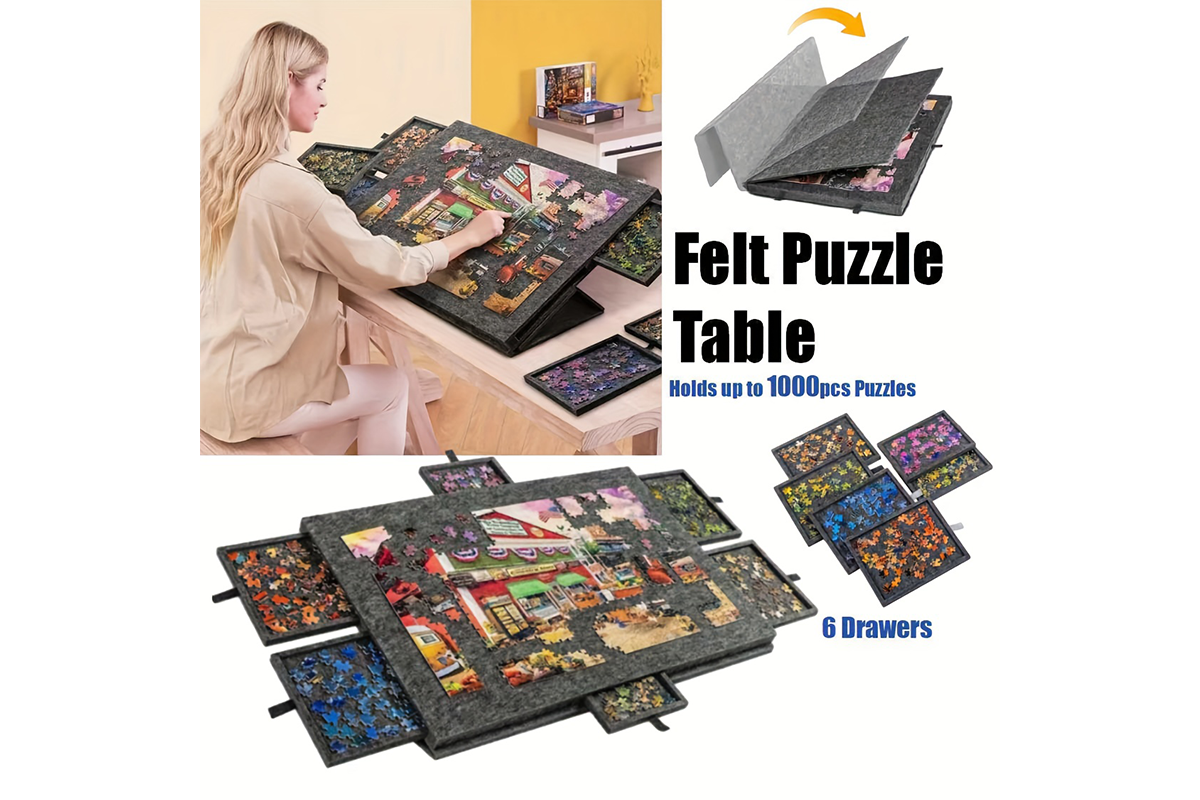 Side view of jigsaw puzzle board showing adjustable stand