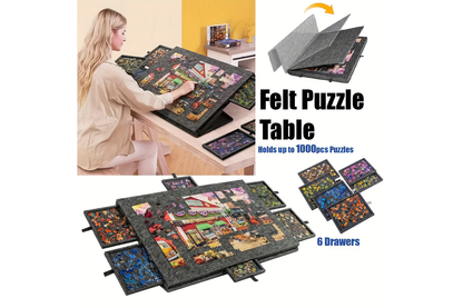 Side view of jigsaw puzzle board showing adjustable stand