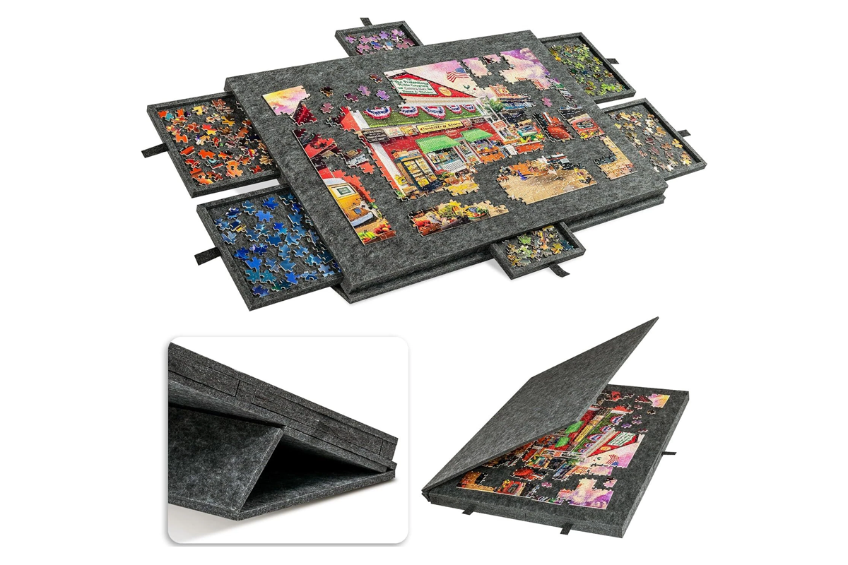 Side angle of jigsaw puzzle board showing adjustable stand