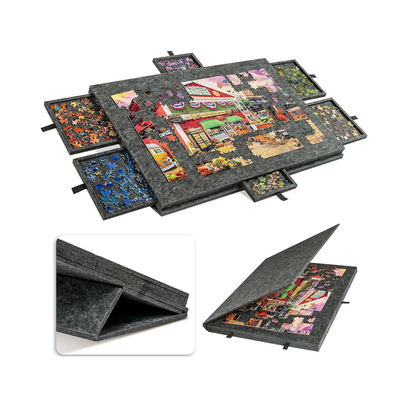 Jigsaw puzzle board dark grey felt fabric top view