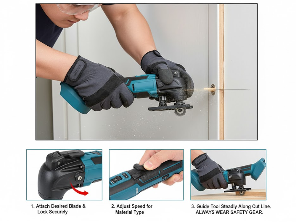 Cordless oscillating multi tool grinding metal surface