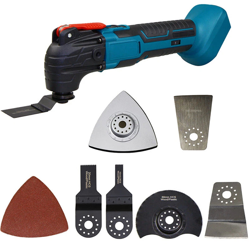 Cordless oscillating multi tool side view showing metal body
