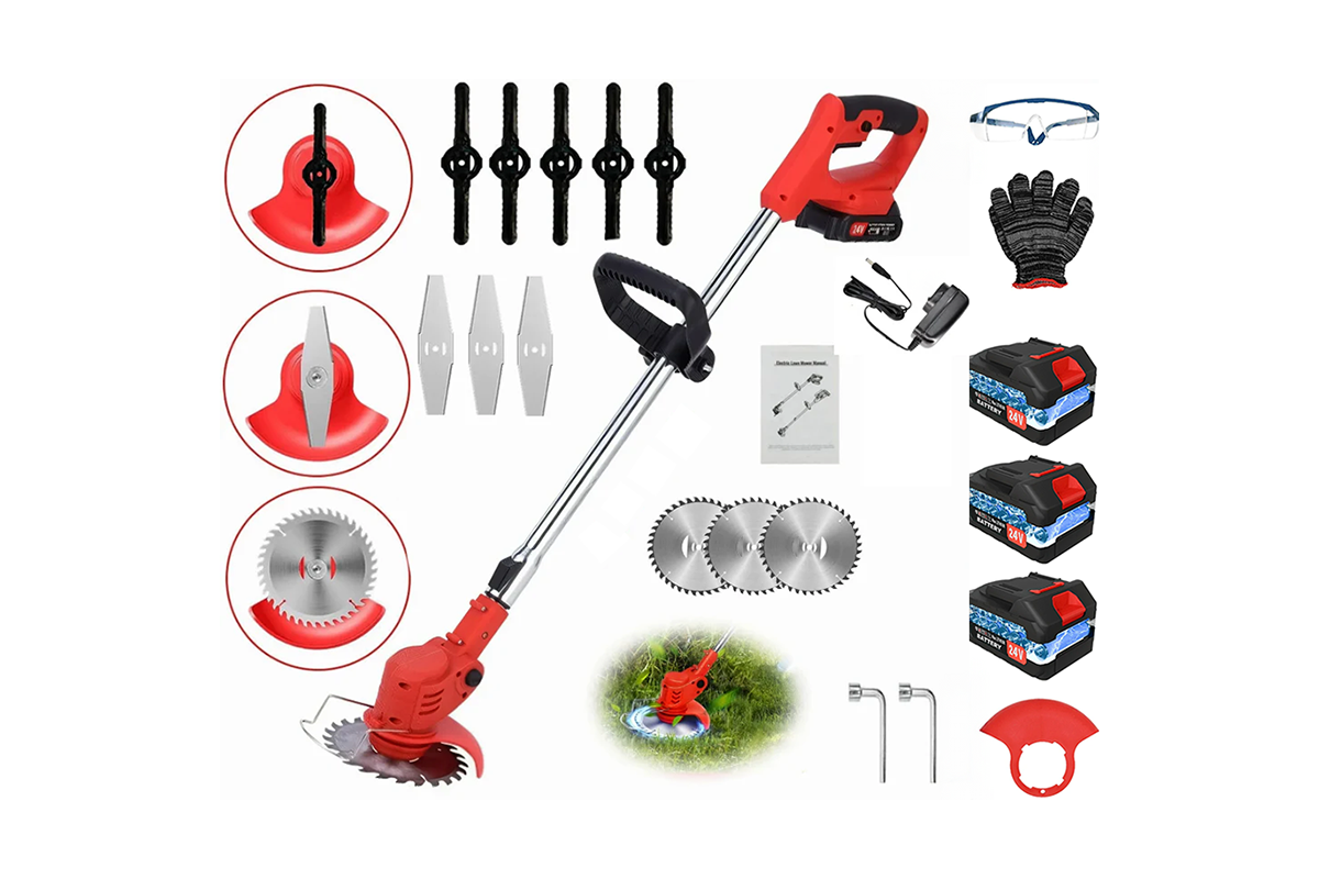Close up of cordless lawn trimmer blade detail