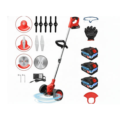 Cordless lawn mower weed cutter garden trimmer side view with green handle