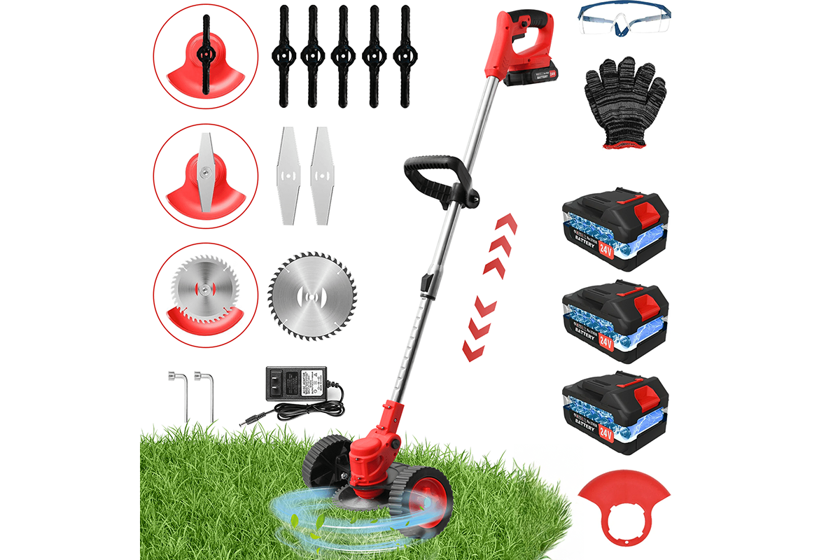 Cordless lawn mower weed cutter garden trimmer showing adjustable telescopic pole
