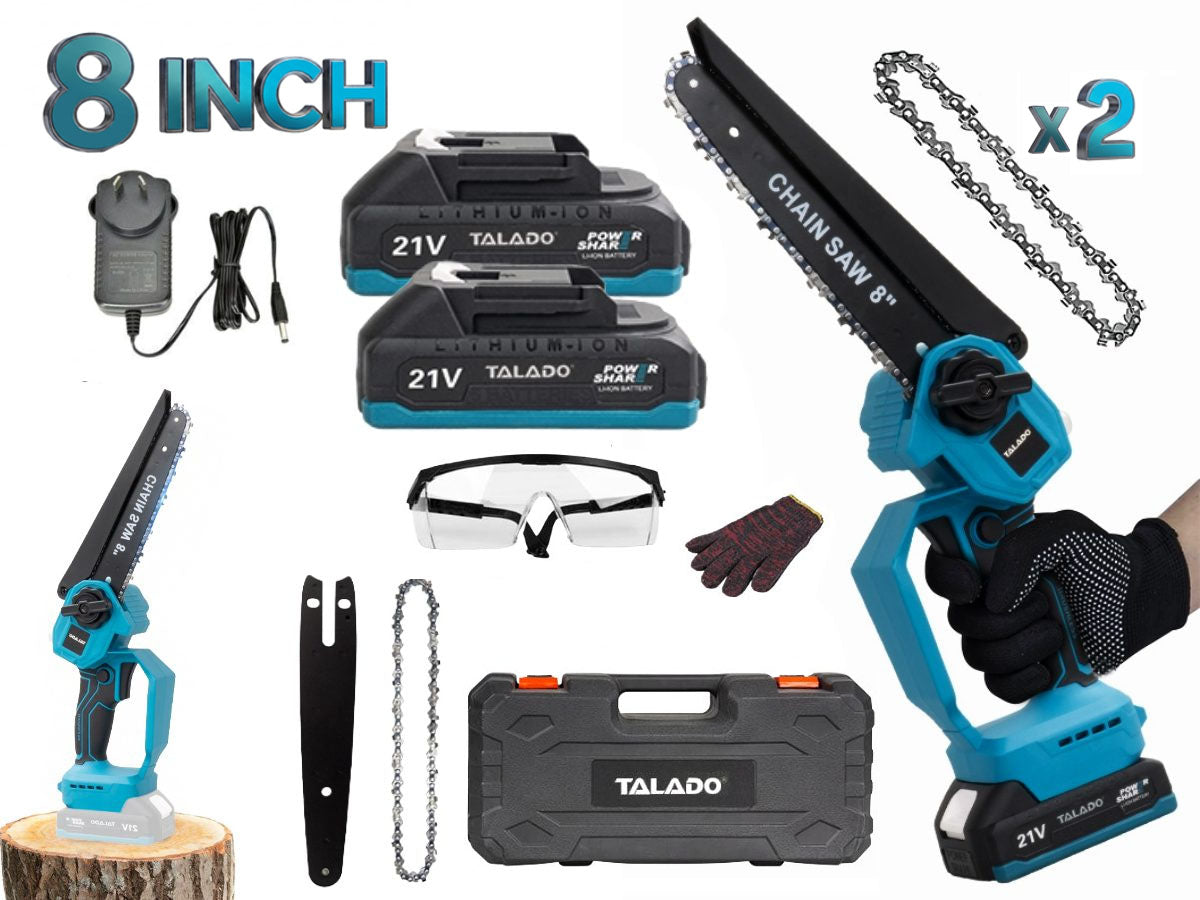 Mini Chain saw Cordless Power Chain saw showing cooling vents and debris baffle
