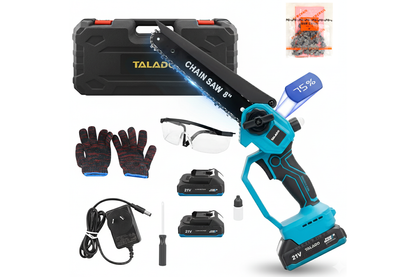 Close up of 8 inch cutting plate on Mini Chain saw Cordless Power Chain saw