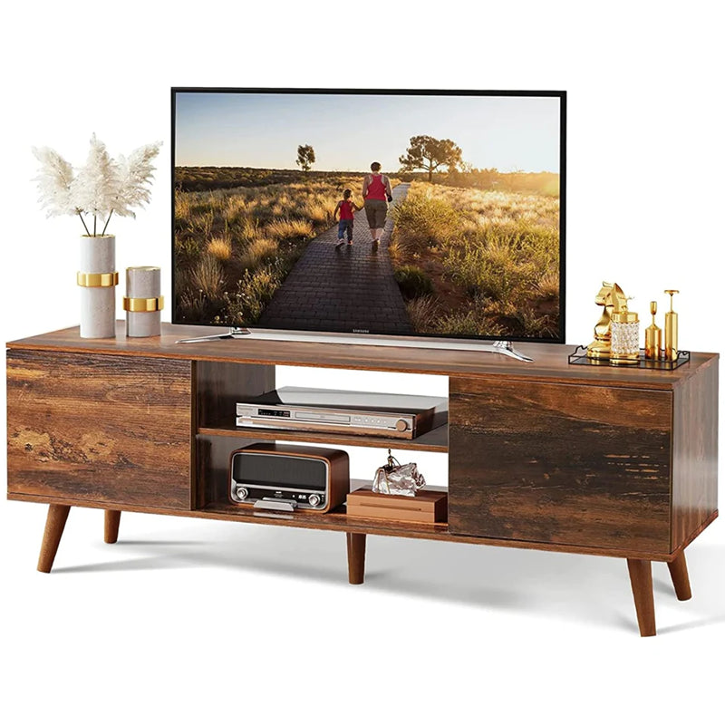 Entertainment unit TV stand front view with retro brown finish
