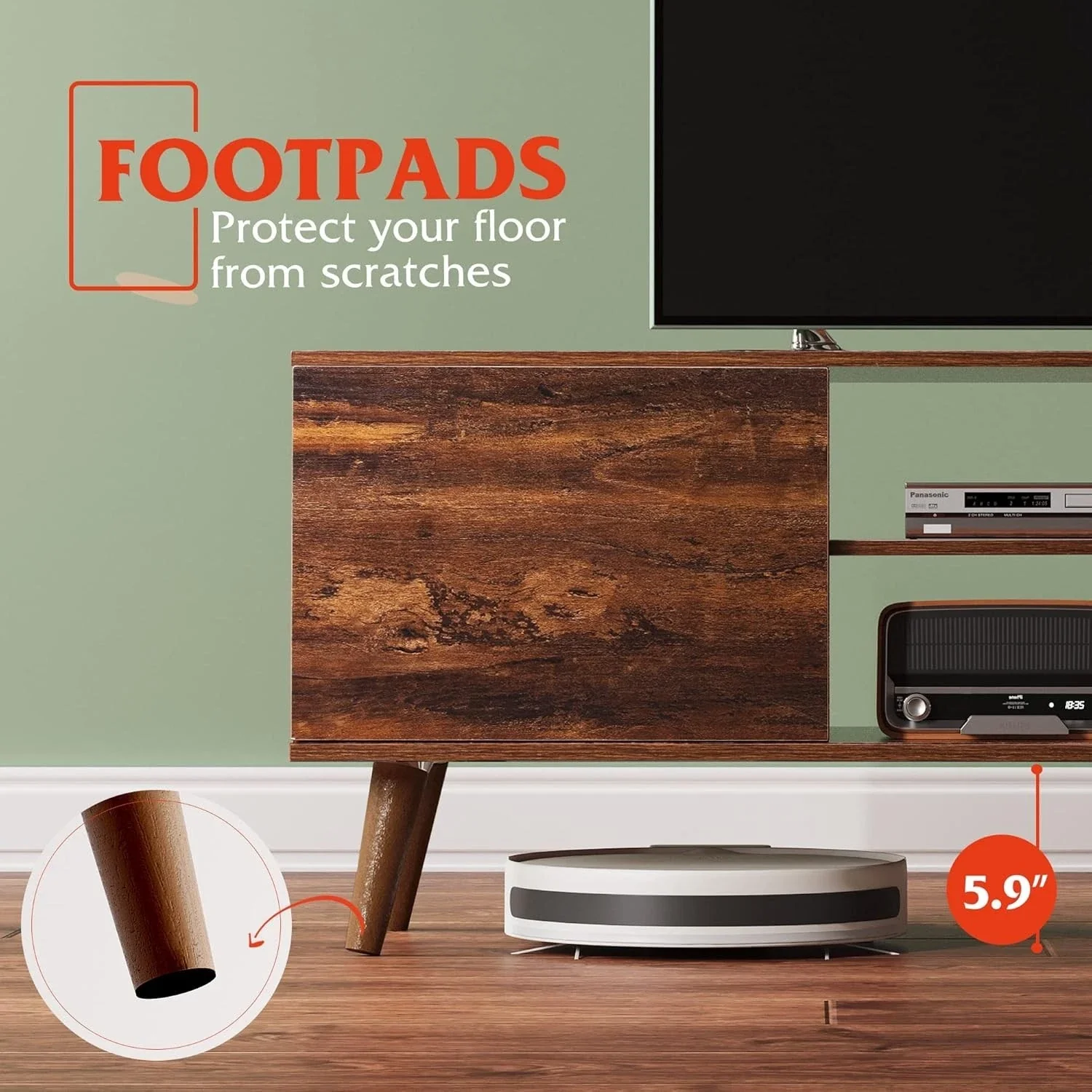 Close-up of protective foot pads under TV stand