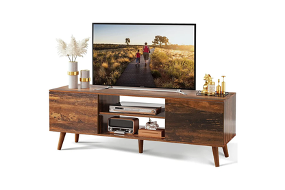 Side angle of entertainment unit showing soft-close hinges