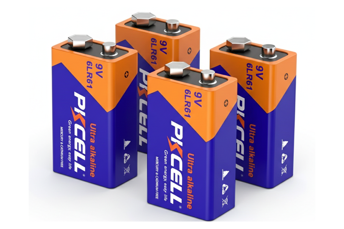 Side view of 9V Battery pack of 4 with clear voltage marking