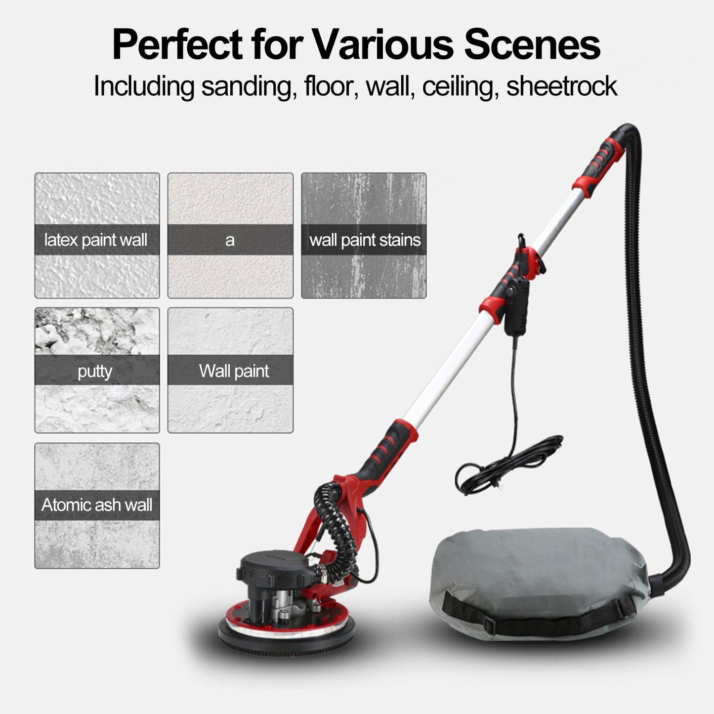 Side view of electric drywall sander 800W with dust hose attached