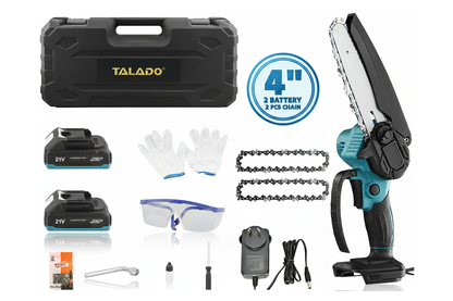 Close up of alloy steel cutting chain on cordless chain saw