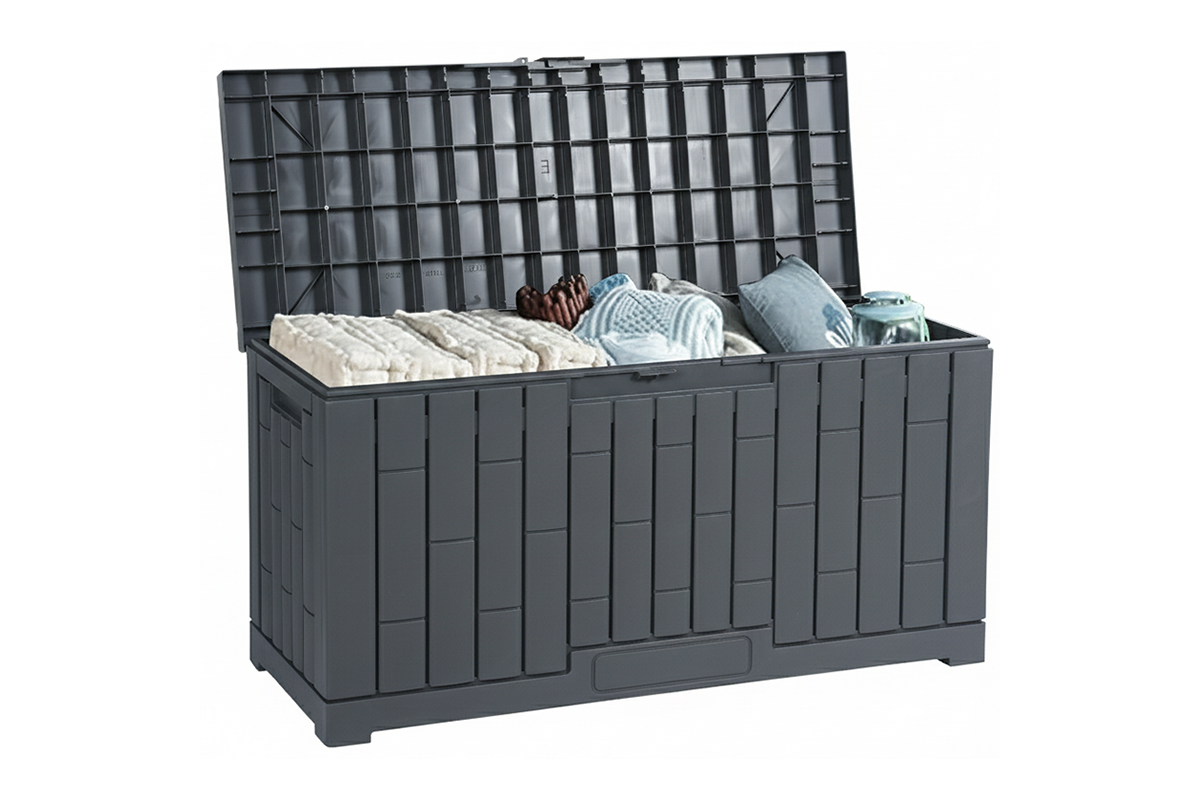 Side view of garden storage box 226L highlighting plastic material