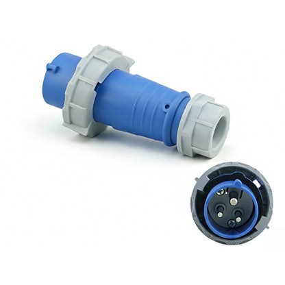 Caravan lead connector plug male 16A IP67 side view showing robust housing