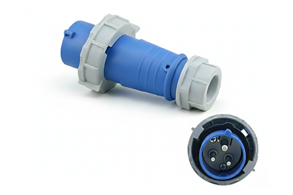 Close-up of caravan lead connector plug male 16A IP67 weatherproof seals