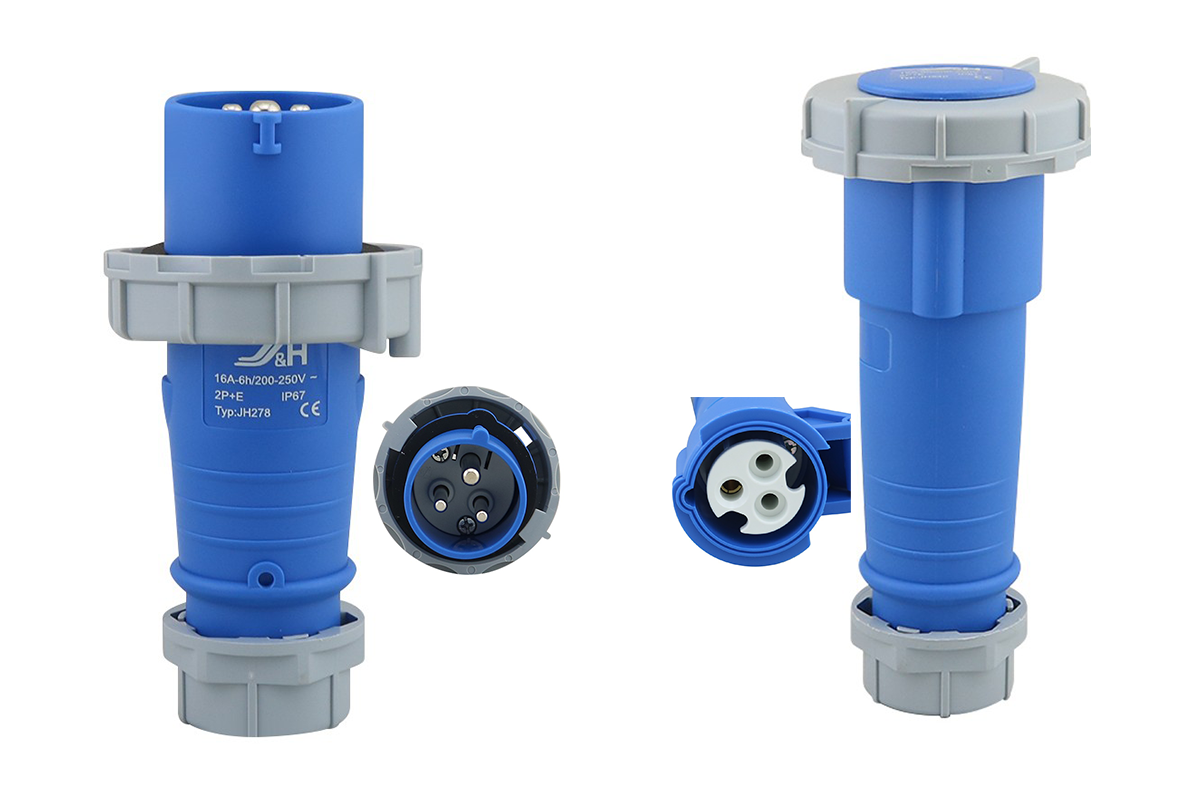 Close-up of caravan lead connector plug female end in black polycarbonate