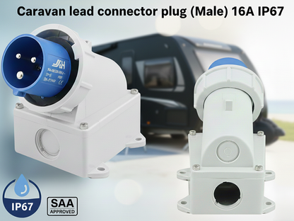 Top view of white caravan lead connector male with mounting holes