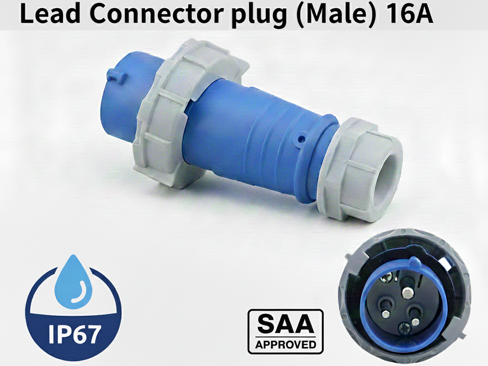 Top angle of caravan lead connector plug and surface socket set