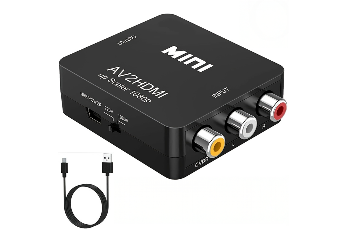 Black ABS AV to HDMI converter side view with USB power cable