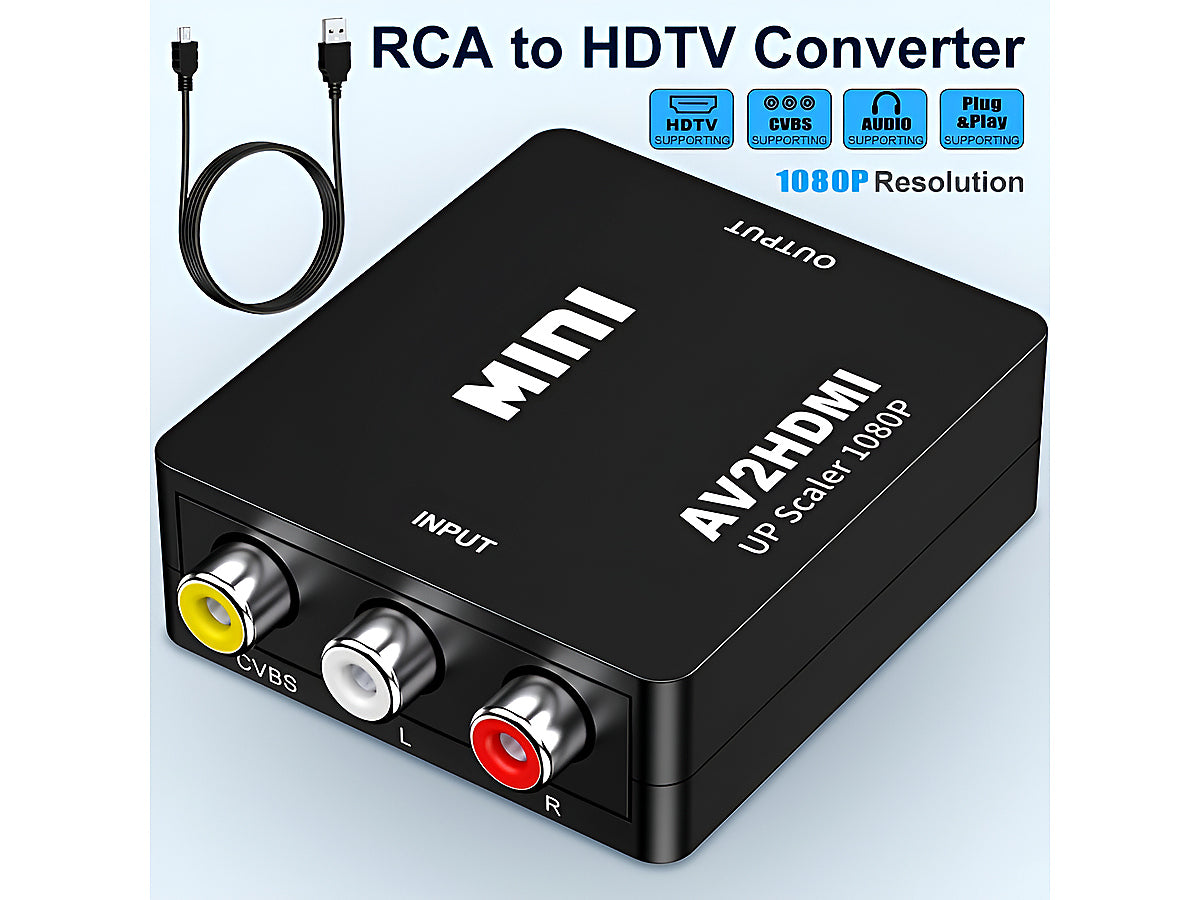 Compact AV to HDMI converter placed next to a TV screen