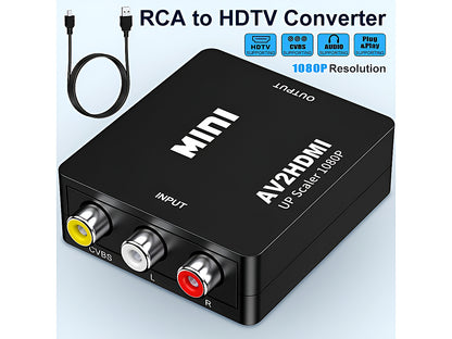 Compact AV to HDMI converter placed next to a TV screen
