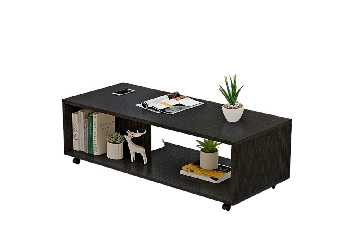 Side view of coffee table showing open storage rack