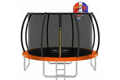 Close-up of trampoline 10ft galvanised steel frame and padded poles