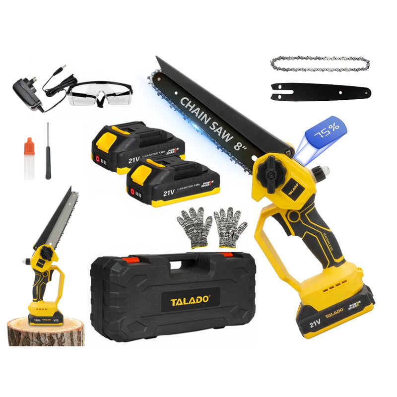 Side view of cordless electric chain saw showing yellow ABS and metal body