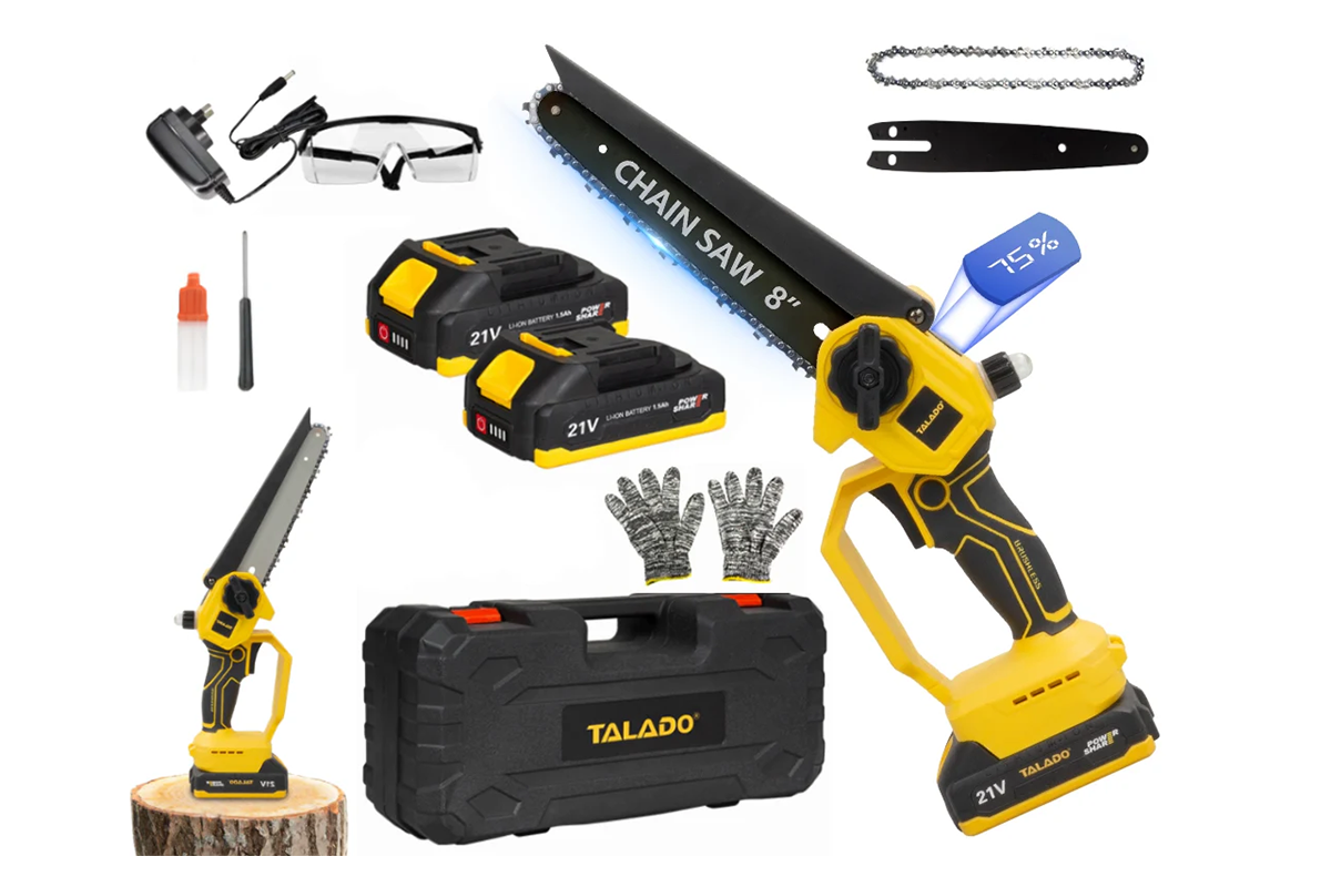 Close-up of 8 inch guide plate on electric chain saw for precise cuts