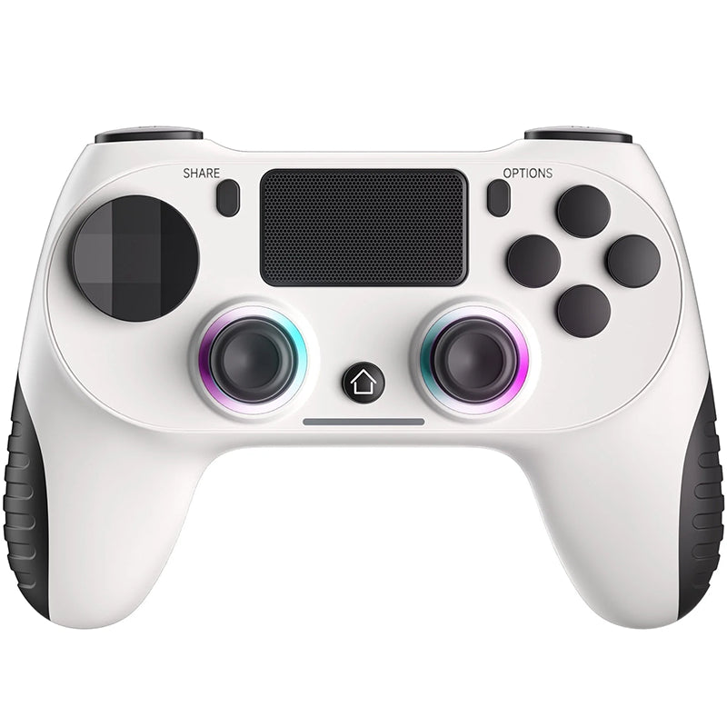 Wireless PS4 controller showing ergonomic grip in black colour