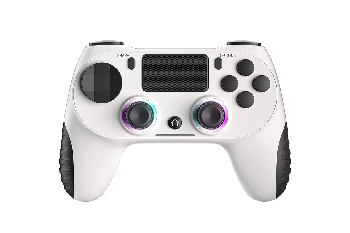 Top view of wireless PS4 controller with RGB lighting active